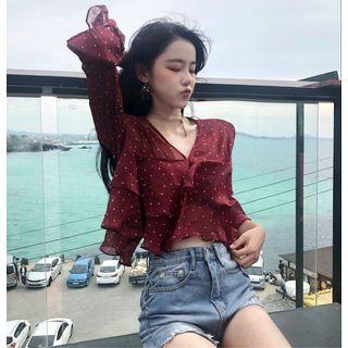 Dotted Long-sleeve Cropped Chiffone Top