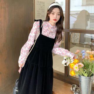 Long-sleeve Floral Top / Spaghetti Strap Velvet Dress