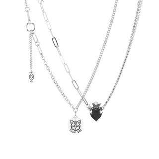 Alloy Cat Pendant Necklace Set Of 2 - 1 Pc - Cat - Silver & 1 Pc - Heart - Silver - One Size