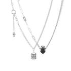 Alloy Cat Pendant Necklace Set Of 2 - 1 Pc - Cat - Silver & 1 Pc - Heart - Silver - One Size