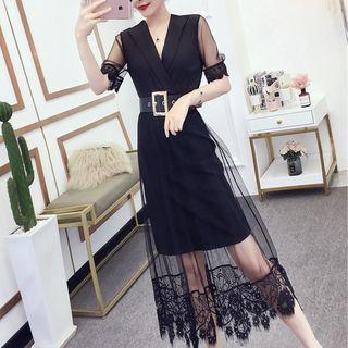 Short-sleeve A-line Mesh Overlay Midi Dress