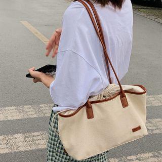 Contrast Trim Canvas Tote Bag Brown & White - One Size