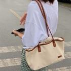 Contrast Trim Canvas Tote Bag Brown & White - One Size