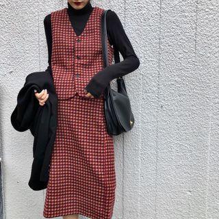 Set: Patterned Button Vest + Midi A-line Skirt