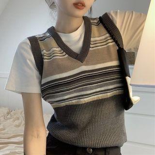 Striped Sweater Vest Stripes - Gray & Khaki - One Size