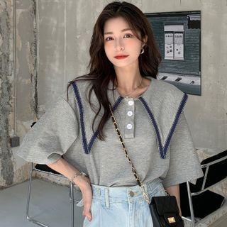 Elbow-sleeve Sailor-collar Button-up T-shirt