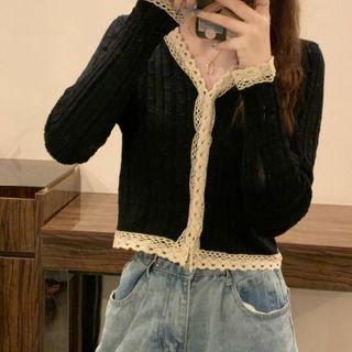 Lace Trim V-neck Long-sleeve Cardigan