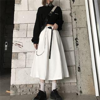 Buckled Waist Plain A-line Midi Skirt