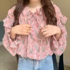 Long-sleeve Floral Print Frill Trim Blouse Pink - One Size