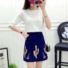 Set: Elbow-sleeve Knit Top + Embroidered A-line Skirt