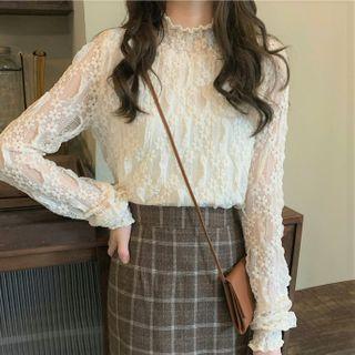Long-sleeve Lace Top Milky Almond - One Size