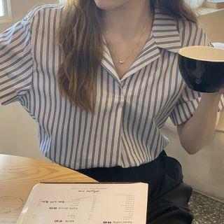 Short-sleeve Striped Shirt White & Blue - One Size