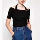 Asymmetric Short-sleeve Cropped Knit Top