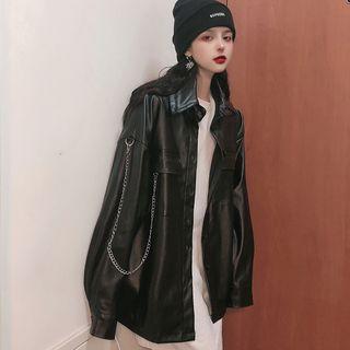 Faux Leather Buttoned Shirt Jacket