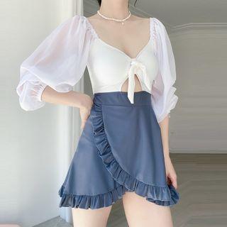 Puff Sleeve Two Tone Cutout Swimdress