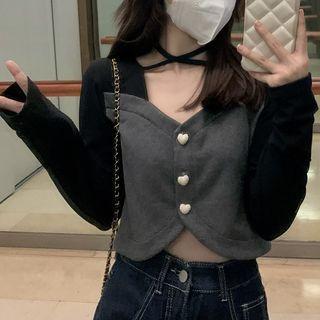 Two-tone Heart Button Cropped Cardigan