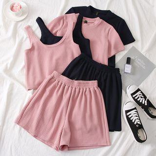 Set Of 3: Crop T-shirt + Crop Tank Top + Shorts