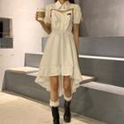 Set: Short-sleeve Cutout Cropped Shirt / Spaghetti-strap Ruffle Trim Dress