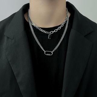 Geometric Pendant Layered Stainless Steel Necklace 1 Pc - Silver - 55cm