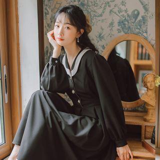 Puff-sleeve Collared Midi A-line Dress