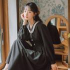 Puff-sleeve Collared Midi A-line Dress
