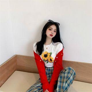 Flower Print Short-sleeve T-shirt / Plaid Straight Fit Pants