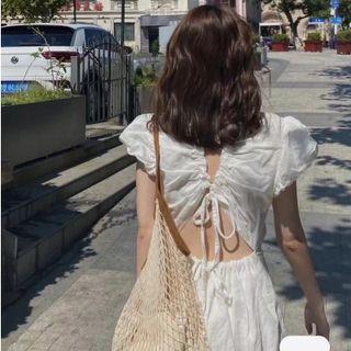 Puff-sleeve Open-back Drawstring Dress