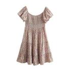 Puff-sleeve Floral Print Tiered Mini A-line Dress