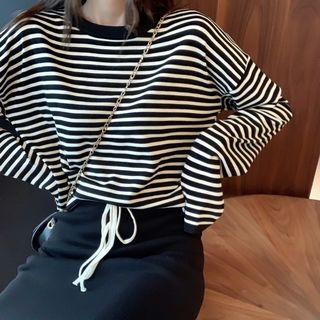 Striped Long-sleeve Loose-fit Top / Plain Slim-fit Skirt