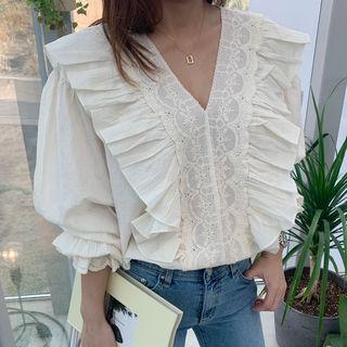 V-neck Eyelet-lace Trim Frilled Blouse