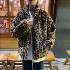 Leopard Print Furry Zip Jacket As Shown In Figure - One Size