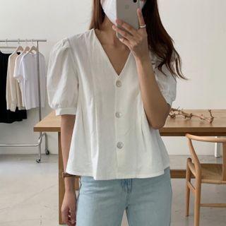 V Neck Plain Puff Short Sleeve Shirt