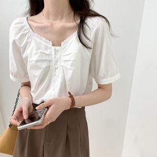 Square-neck Plain Lace Pleated Blouse