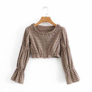 Puff Sleeve Ruffle Collar Cropped Top With Lettuce Trim In Check
