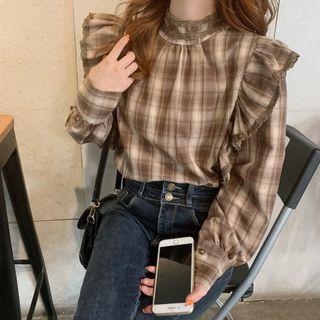 Mock-neck Lace Panel Plaid Blouse