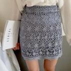 Frill Trim Collared Long Sleeve Blouse / Crochet A-line Skirt