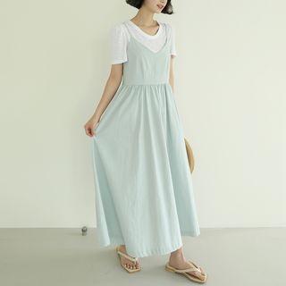 V-neck Shirred Long Overall Dress