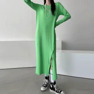 Diagonal Button-side Long Dress