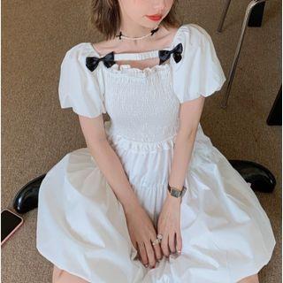 Short-sleeve Smocked Mini A-line Dress Dress - White - One Size