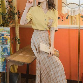 Set: Short-sleeve Plaid Panel Shirt + Plaid Midi A-line Skirt