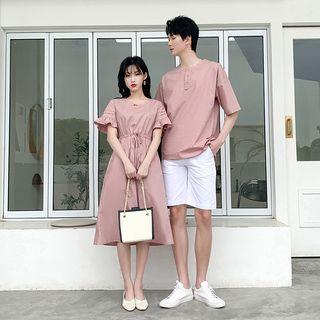 Couple Matching Short-sleeve Drawstring-waist Midi A-line Dress / T-shirt / Shorts