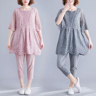 Set: Lace Elbow-sleeve Blouse + Cropped Pants