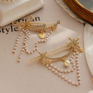 Star / Bow Rhinestone Faux Pearl Chain Hair Clip