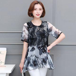 Short-sleeve Lace Panel Patterned Top
