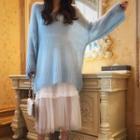 V-neck Long Sweater / Layered Midi Mesh Overlay Skirt