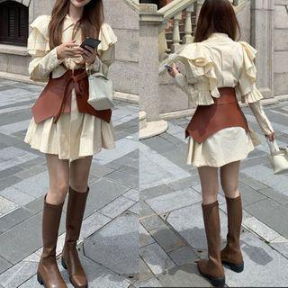 Long-sleeve Ruffled Shirt Dress / Corset