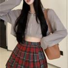 Cropped Zip-up Hoodie / High Waist Plaid Mini Pleated Skirt