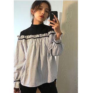 Mock Neck Striped Panel Long Sleeve Top