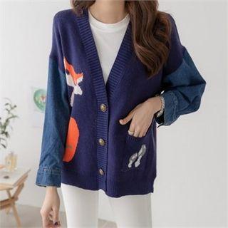 Denim-sleeve Fox Print Cardigan