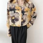 Floral Collared Long-sleeve Blouse Yellow - One Size